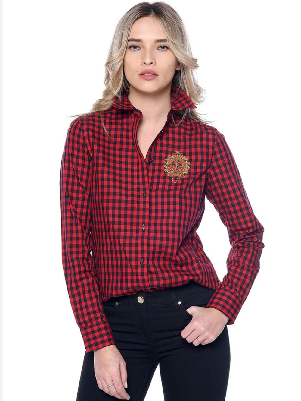 Lauren Ralph Lauren Red Black Buffalo Check Crest Button Up Shirt Womens Size XL